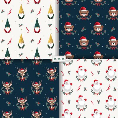 Set of winter seamless patterns with cute christmas characters. Xmas patterns, backgrounds. New year decorations.