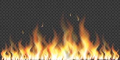 Border made of fire. Realistic fire flames with horizontal repetition. Flame fire on dark background. vector