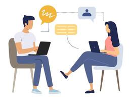 Two people work together and discuss their tasks in front of their computers. Flat style illustration. Business people. vector