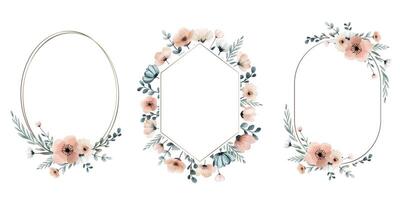 Watercolor botanical frames, foral templates. Set of botanical frames with meadow flowers in pastel colors. vector