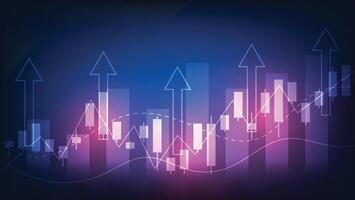 arrow up with bar graph and candlesticks chart on blue background. financial growth and stock market investment vector