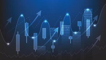 bar graph and candlesticks chart with uptrend arrow on blue background. financial growth and stock market investment vector