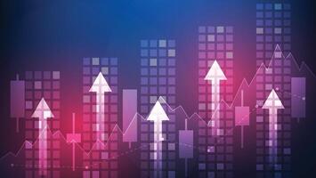 arrow up with candlesticks chart and bar graph on blue background. finance and business growth concept vector