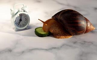 The Achatina snail eats a cucumber. Alarm clock on the table. Dinner time. Meals by the hour. Diet. Hypoallergenic exotic pet photo
