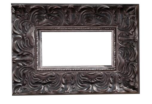 Empty frame for a picture or photo. Isolate with place for text. Silver black frame isolated on white background. Layout template photo