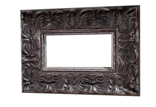 Empty frame for a picture or photo. Isolate with place for text. Silver black frame isolated on white background. Layout template photo