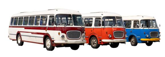 Old bus isolated on white background. Bright multi-colored retro transport three buses photo