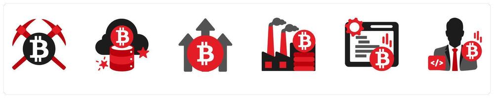 Six business icons in red and black as bitcoin mining, cloud, income vector