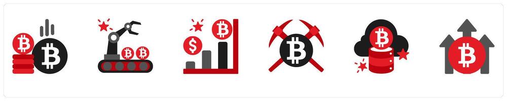 Six business icons in red and black as bitcoin, mining rig, usd rate vector