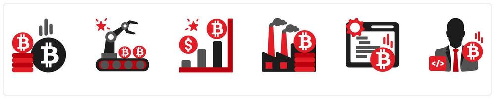 Six business icons in red and black as bitcoin, mining rig, usd rate vector