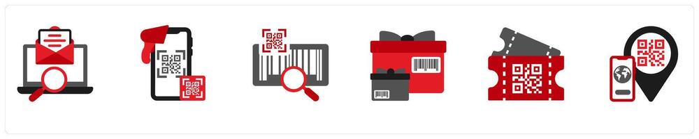 Six business icons in red and black as search, qr code scanner, qr code vector