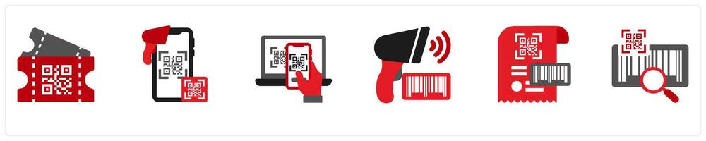 Six business icons in red and black as ticket scan, qr code scanner, qr code reader vector