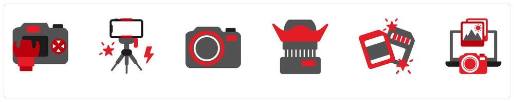 Six technology icons in red and black as dsrl camera, tripod, mirrorless camera vector