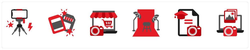 Six technology icons in red and black as tripod, memory card, photography store vector