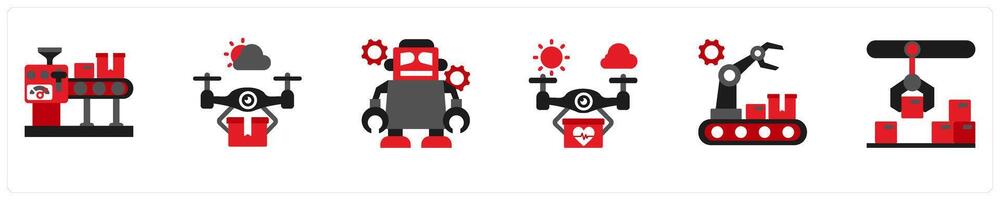 Six drone icons in red and black as assembly line, delivery drone, robot vector