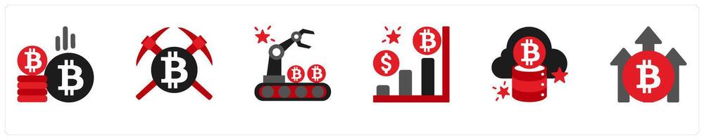 Six business icons in red and black as bitcoin, bitcoin mining, mining rig vector