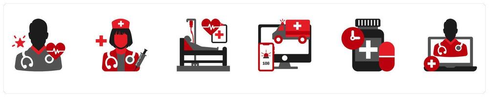 Six medical icons in red and black as doctor, nurse, patient vector
