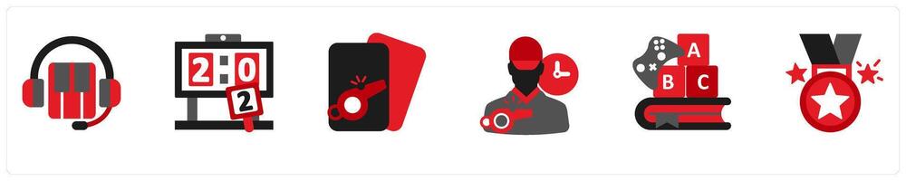 Six game icons in red and black as musical game, score, refereeing vector