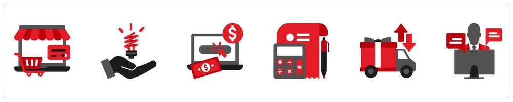 Six Shopping icons in red and black as e commerce, success, pay per click vector