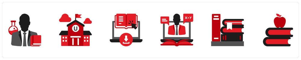 Six Education icons in red and black as professor, university, e books vector