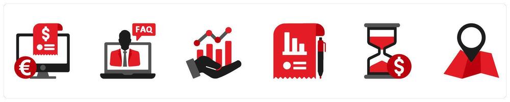 Six Finance icons in red and black as invoice, faq, analytics vector