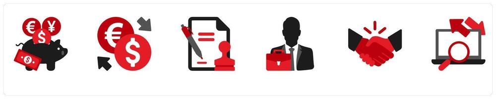 Six Finance icons in red and black as piggy bank, exchange, contract vector