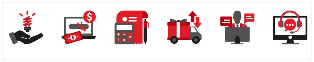Six Shopping icons in red and black as statistics, pay per click, accounting vector