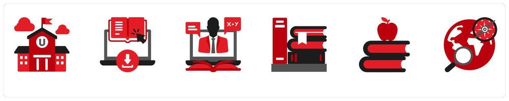 Six Education icons in red and black as university, e books, lesson vector