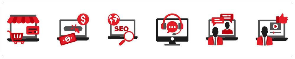 Six Finance icons in red and black as e commerce, pay per click, seo vector