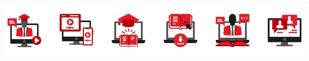 Six Education icons in red and black as online education, online tutorials, e learning vector