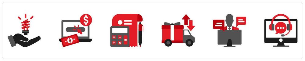 Six Business icons in red and black as solutions, pay per click, accounting vector