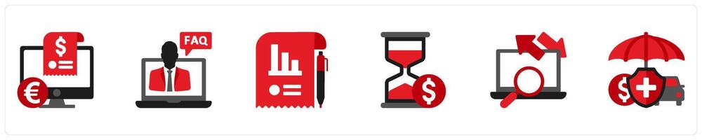 Six Finance icons in red and black as invoice, faq, statistics vector