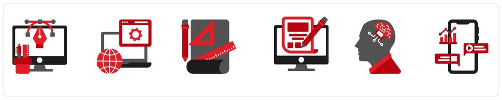 Six Technology Red and Black icons as digital graphics, web develop, project briefing vector