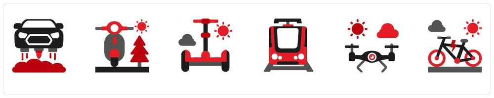 Six Technology Red and Black icons as hover car, electric scooter, gyropode vector