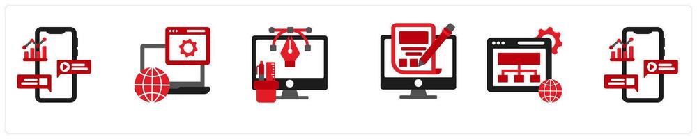 Six Technology Red and Black icons as ui design, web develop, digital graphic vector