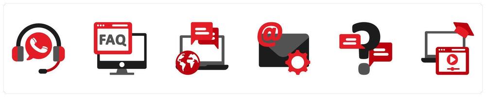 Six Customer Support Red and Black Icons as call center, faq, forum vector