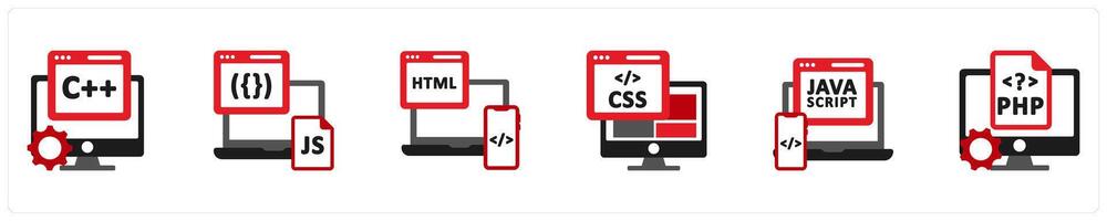 Six Technology Red and Black icons as js, html vector