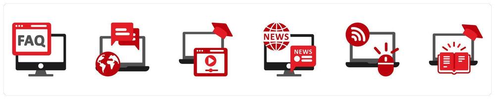 Six Technology Red and Black icons as faq, forum, tutorials vector