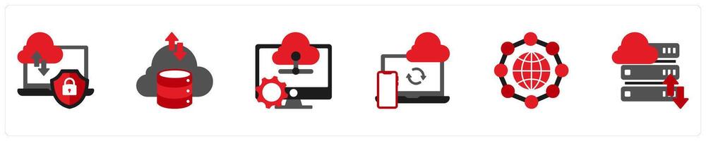Six Technology Red and Black icons as data protection, cloud storage, data management vector