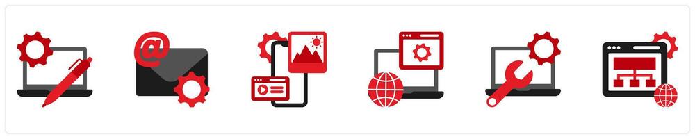 Six Technology Red and Black icons as development, email support, app developing vector