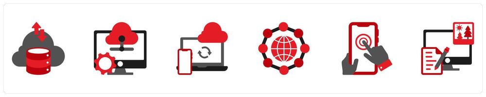 Six Technology Red and Black icons as cloud storage, data management, sync vector