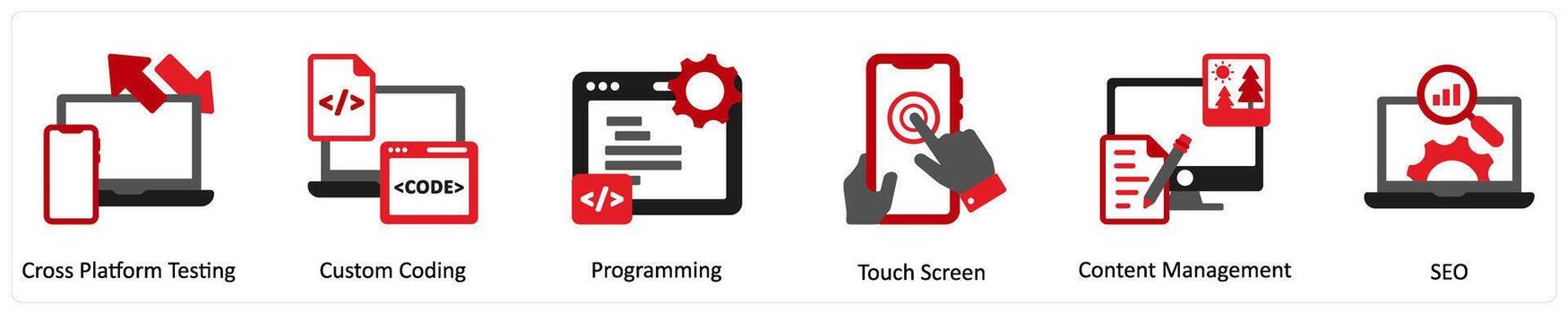 seis tecnología rojo y negro íconos como cruzar plataforma pruebas, personalizado codificación, programación vector
