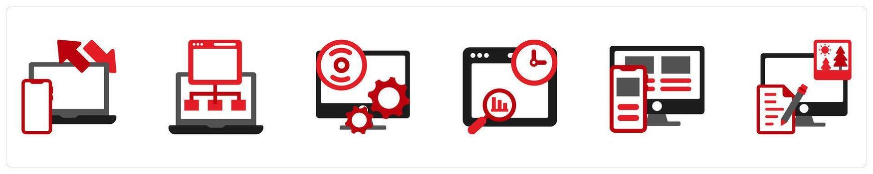 seis tecnología rojo y negro íconos como cruzar plataforma pruebas, mapa del sitio, software vector