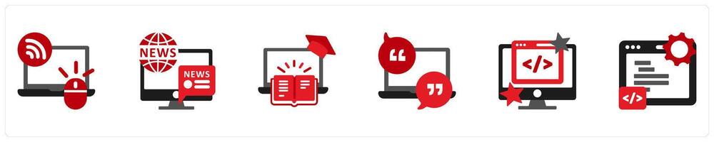 Six Technology Red and Black icons as rss, news, courses vector