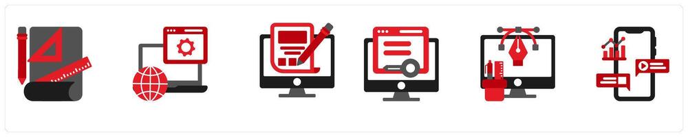 Six Technology Red and Black icons as project briefing, web develop, website sketching vector
