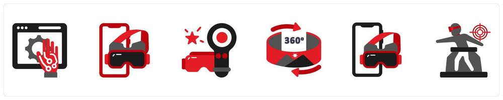 Six technology icons in red and black as vr gloves, vr helmet, vr controller vector