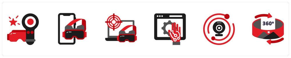 Six technology icons in red and black as vr controller, vr glasses for smartphone, vr glasses for a pc vector