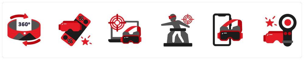 Six technology icons in red and black as 360 degree, gamepad, vr glasses for a pc vector