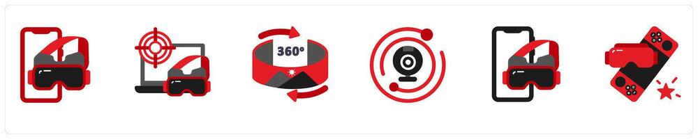 Six technology icons in red and black as vr helmet, vr glasses for a pc, 360 degree vector
