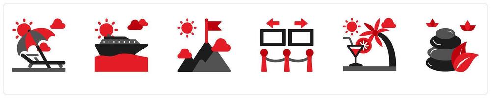 Six vacation icons in red and black as beach vacation, cruise, ski resort vector